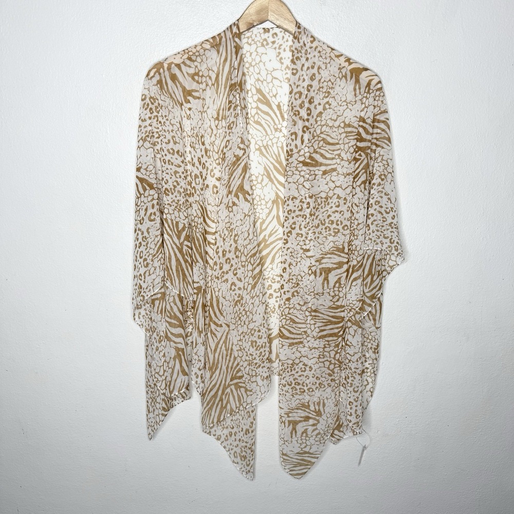 New Rikka Animal Print‎ Sheer Kimono Swim Cover Resortwear One Size Brown Ruana